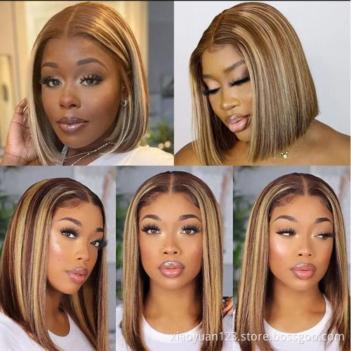 Vendor 12a Double Drawn Brown 4/27 Colored Blond Short Bob Human Wig Cuticle Aligned Mink Brazilian Human Hair hd Lace Front Wig